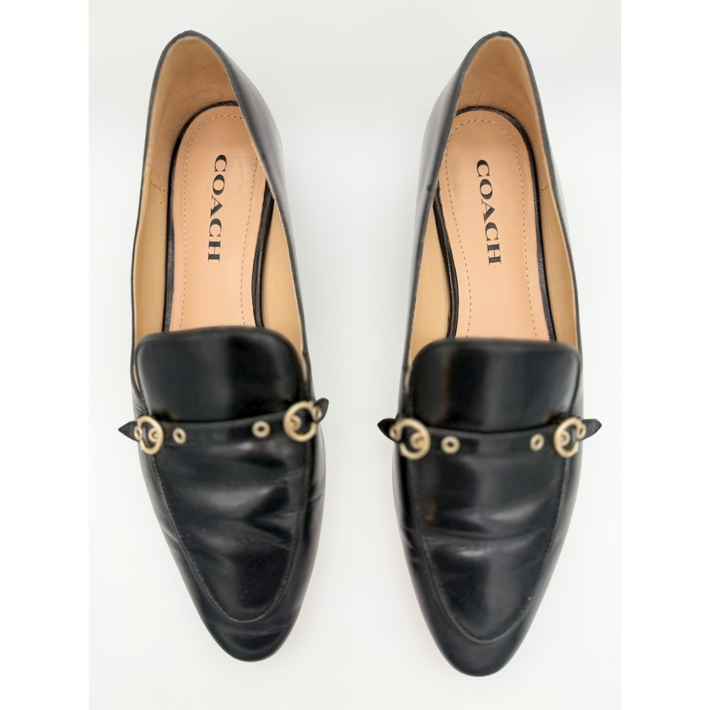COACH Isabel Black Leather Loafers Gold Hardware Strap C Buckle Flats 8.5 - Picture 2 of 8